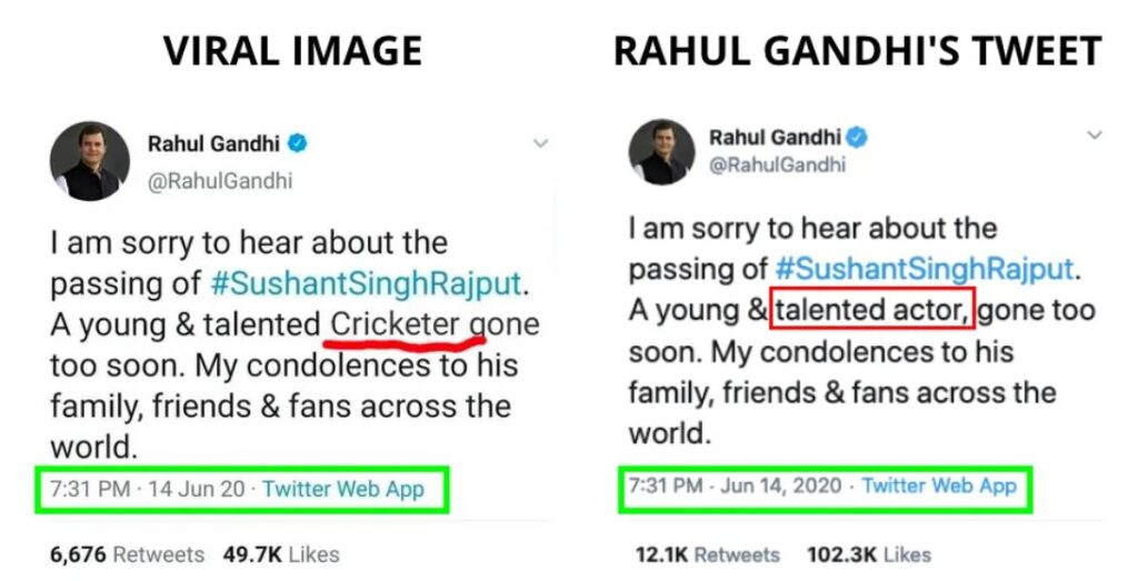 Fake tweet of Rahul Gandhi goes viral claiming he called Sushant Crickter instead of Actor