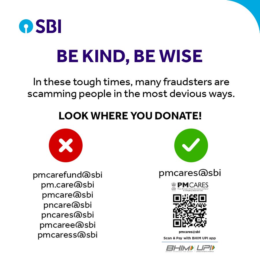 SBI advert advising users to be careful of similar looking UPI IDs for PMCares fund. Example of false news frauds
