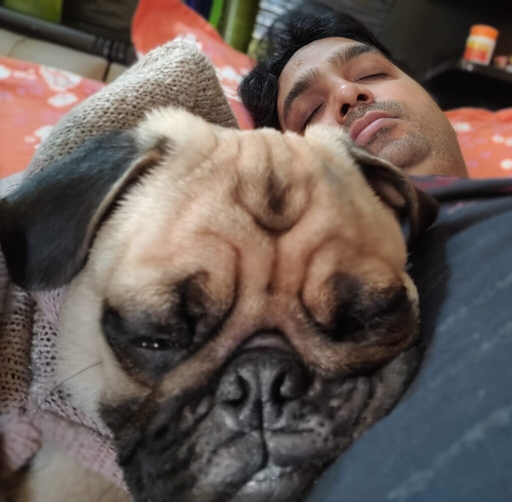 Man and his pug sleeping..