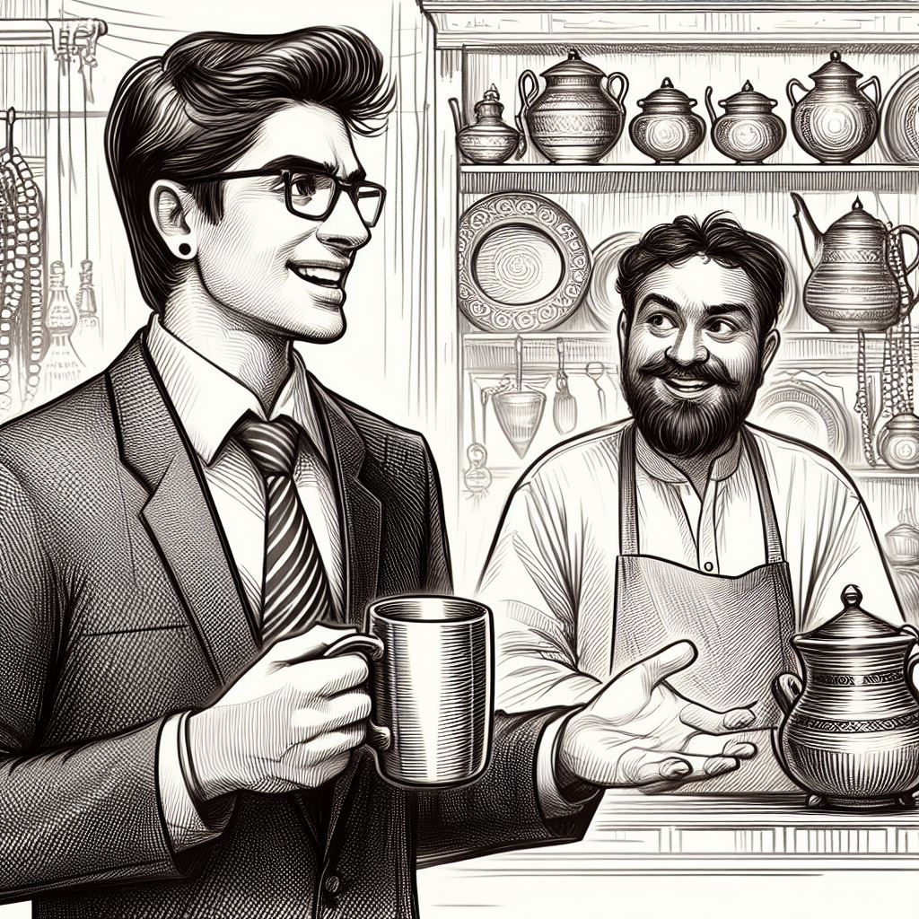 An Indian man in a utensil shop holding a mug, with a smiling shopkeeper in background 

लाइफ टाइम गैरंटी Hindi BlogPost by Gaurav Sinha
