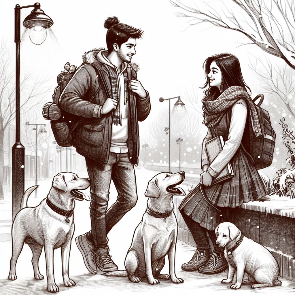 an illustration of a young indian girl and boy smiling and interacting near a steet light with their pet dogs in winter season.

Hindi Short Story - सर्द मौसम की एक खुशनुमा कुदरती मुलाक़ात। by Gaurav Sinha
