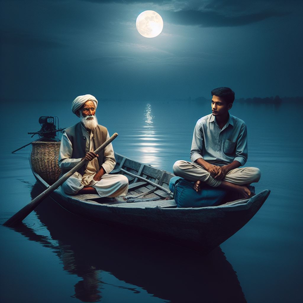 A young man sitting on a boat rowed by an old boatman at night with moonlight in background. 

The Unknown Saviour – A Short Story by Gaurav Sinha.