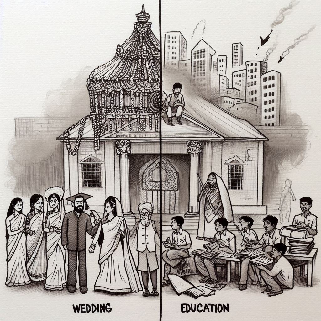 AI generated sketch showing difference between spending on education and marriage in india - शादी, शिक्षा और बाज़ार : सामाजिक विडंबनाओं का संसार। Hindi Satirical Post By Gaurav Sinha