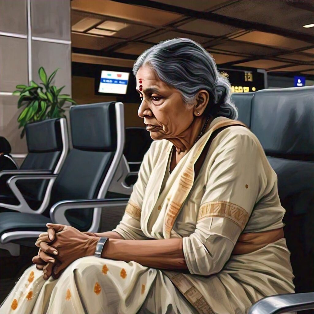 An sad old indian lady sitting at airport lounge. टेलीपैथी A short hindi story by Gaurav Sinha, Souls of Patna Series