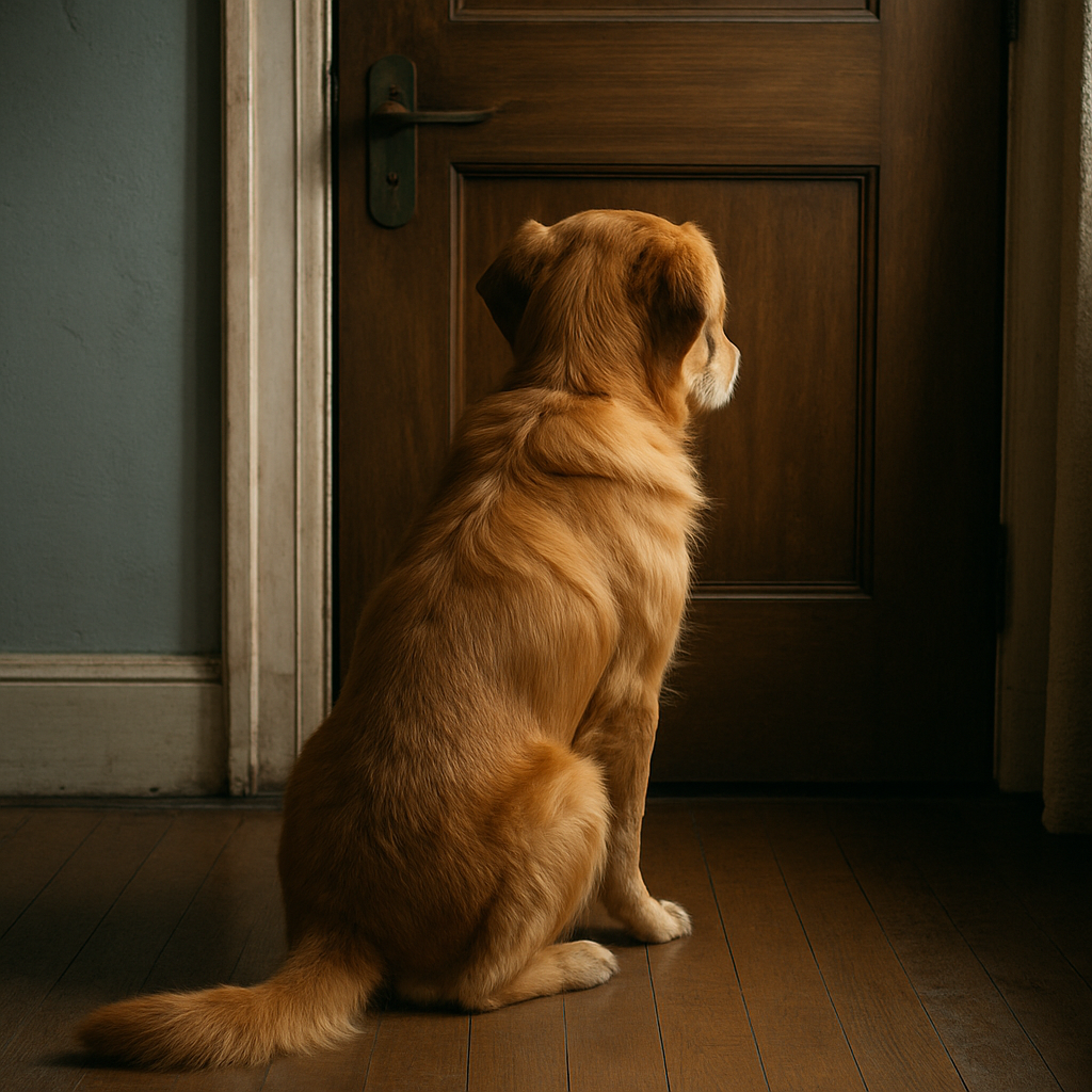 A golden retriever waiting at the closed door, 